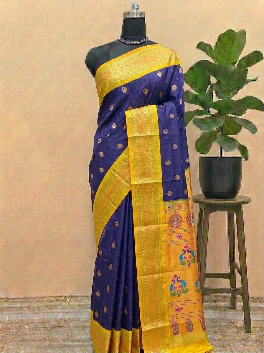 Elegant Navy Blue Paithani Silk Saree