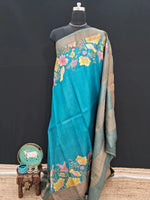 Caribbean blue pure plain tussar saree