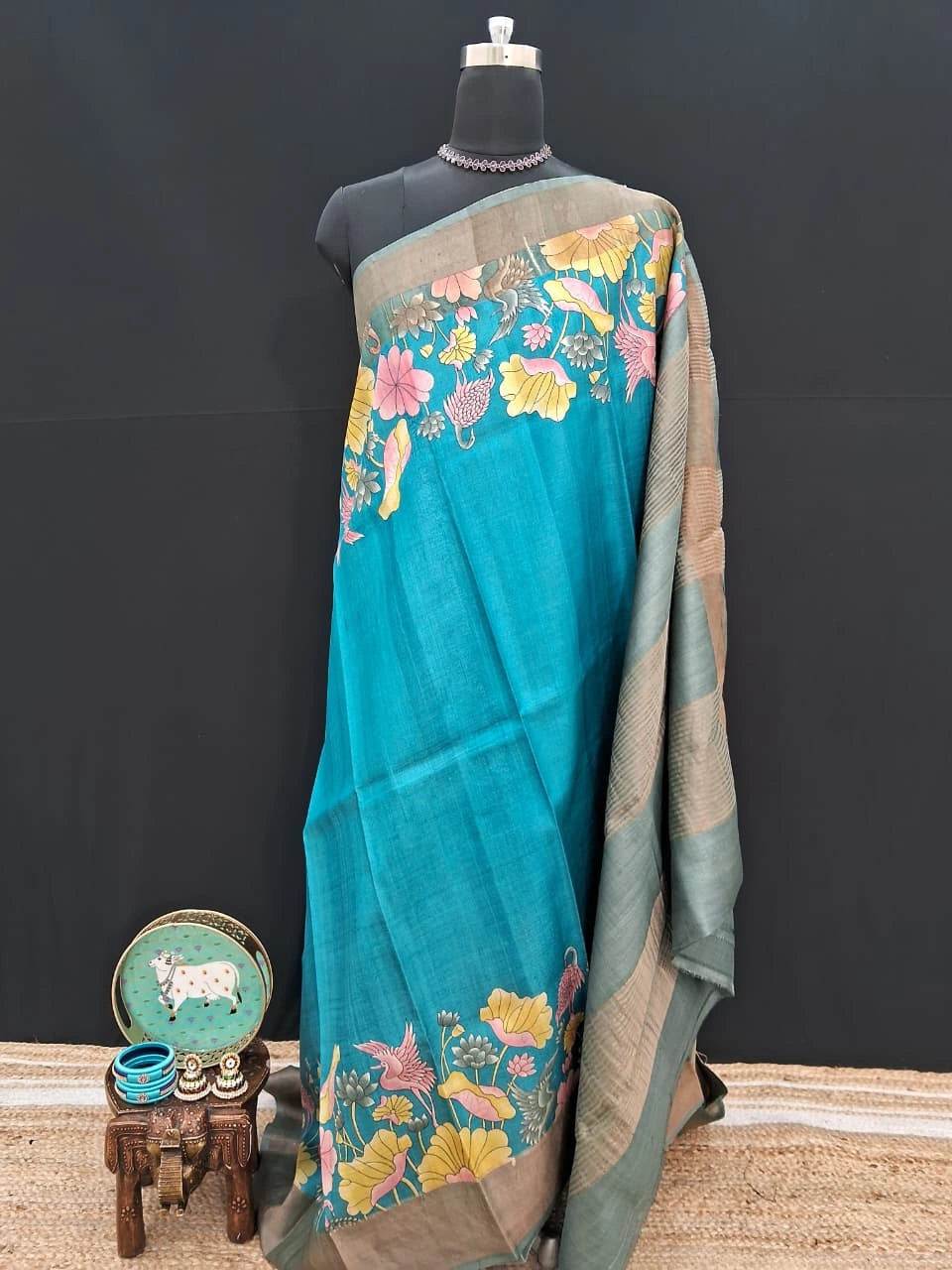 Caribbean blue pure plain tussar saree