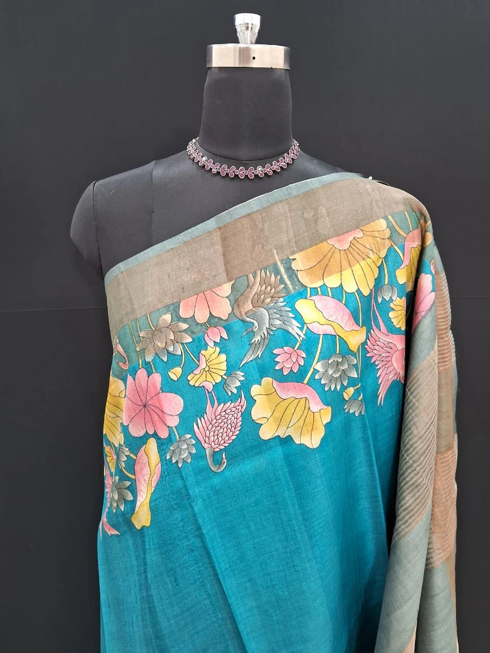 Caribbean blue pure plain tussar saree 1