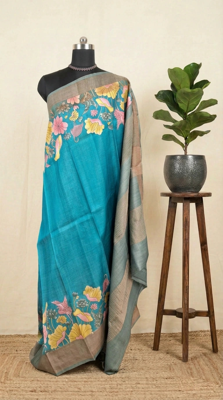 Caribbean Blue Pure Plain Tussar Saree