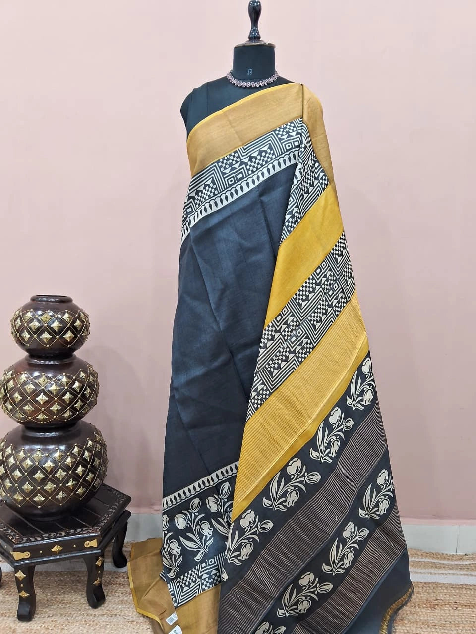 Black plain Pure Tussar Saree 