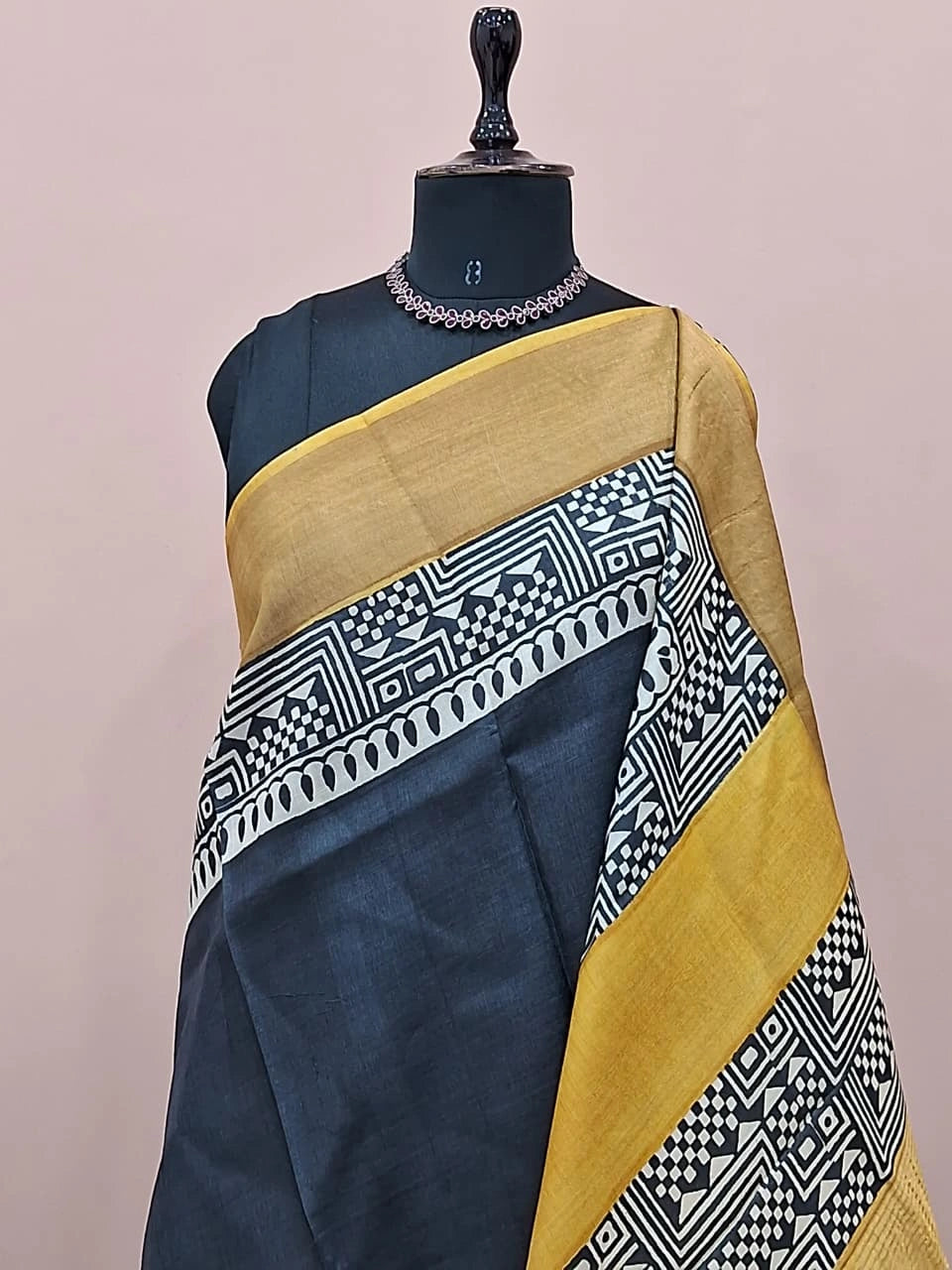 Black plain Pure Tussar Saree 1