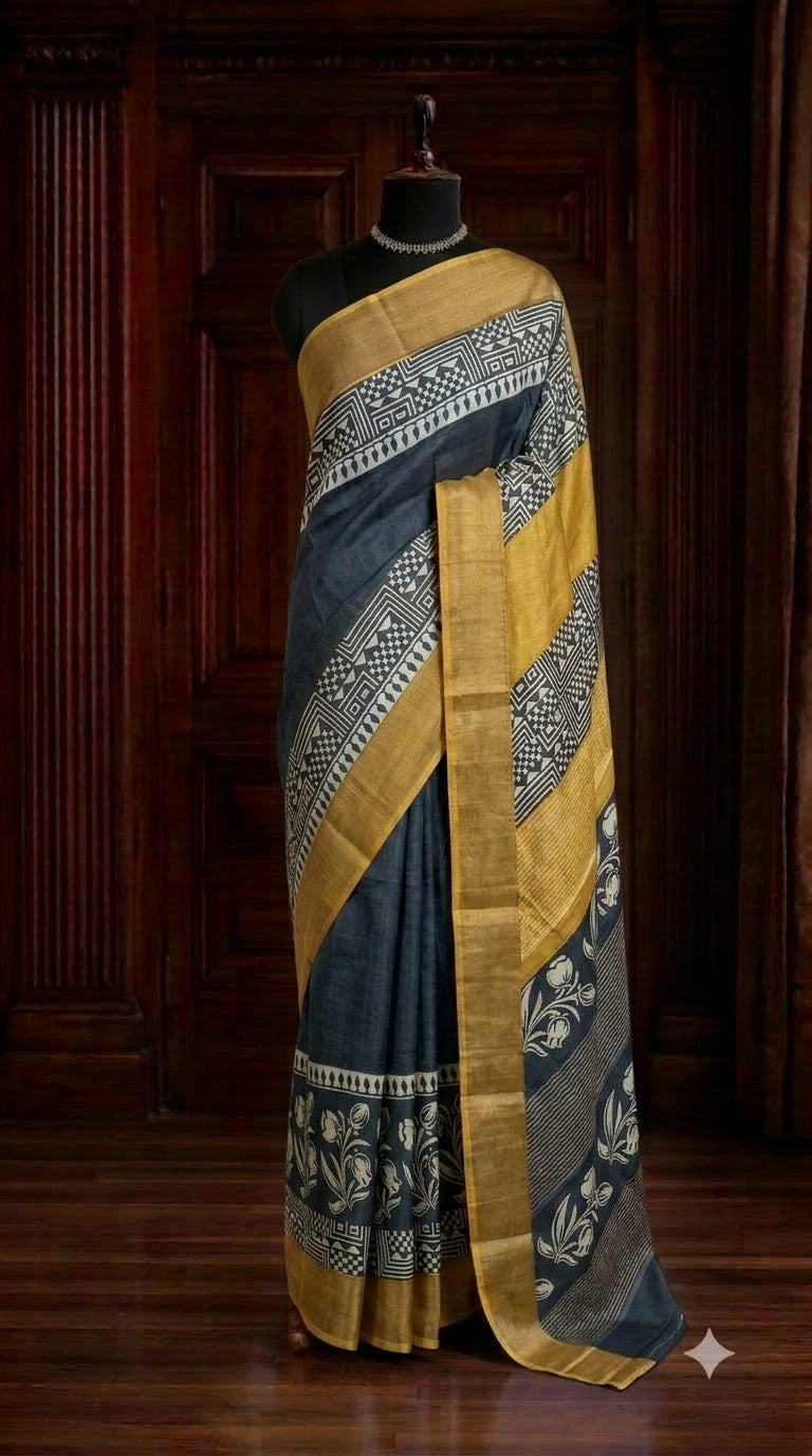 Black plain Pure Tussar Saree 