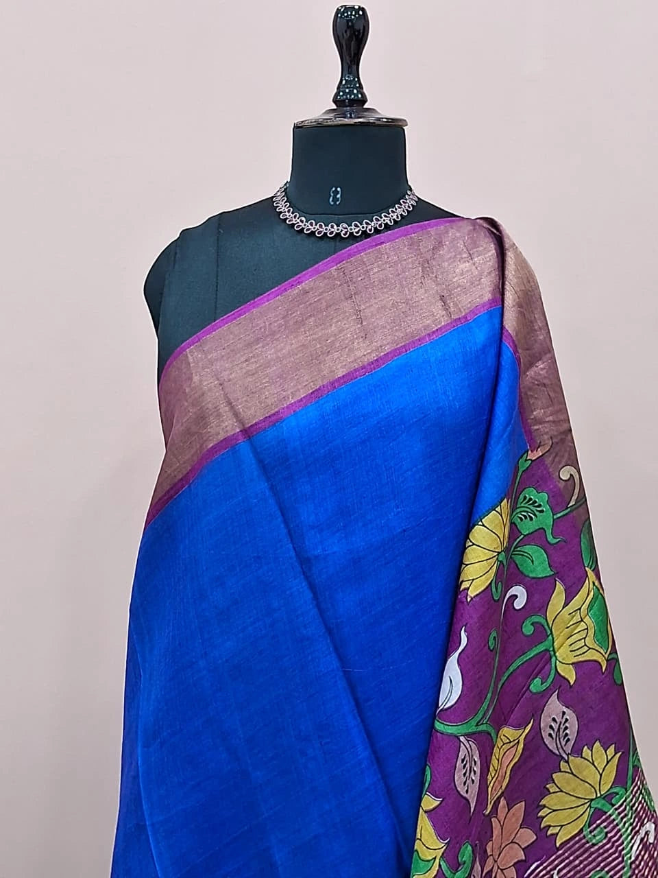 Royal Blue plain Pure Tussar Saree 1