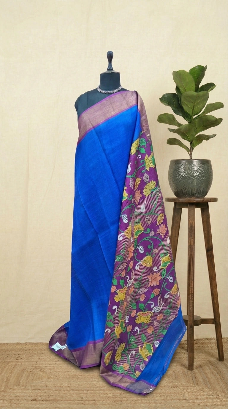Royal Blue plain Pure Tussar Saree