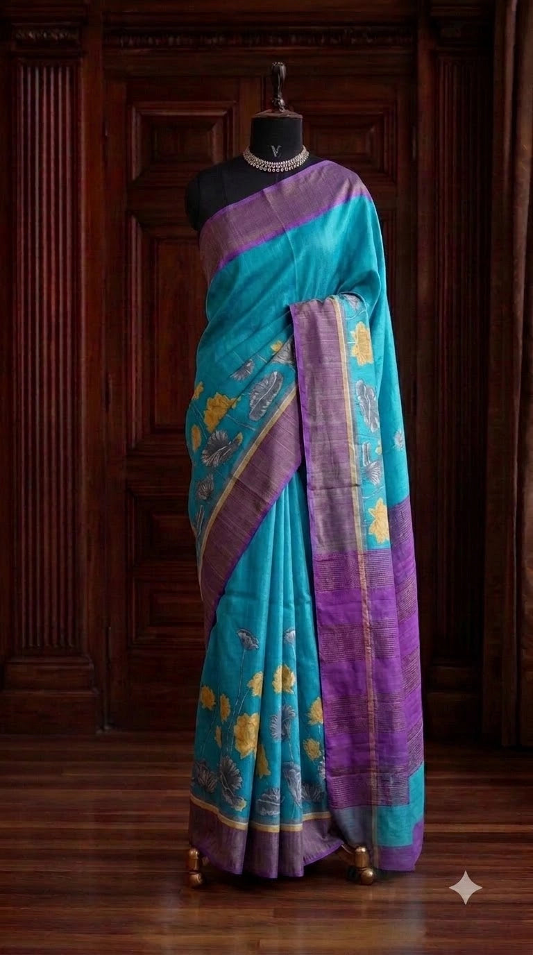 Sky Blue Plain Pure Tussar Saree 