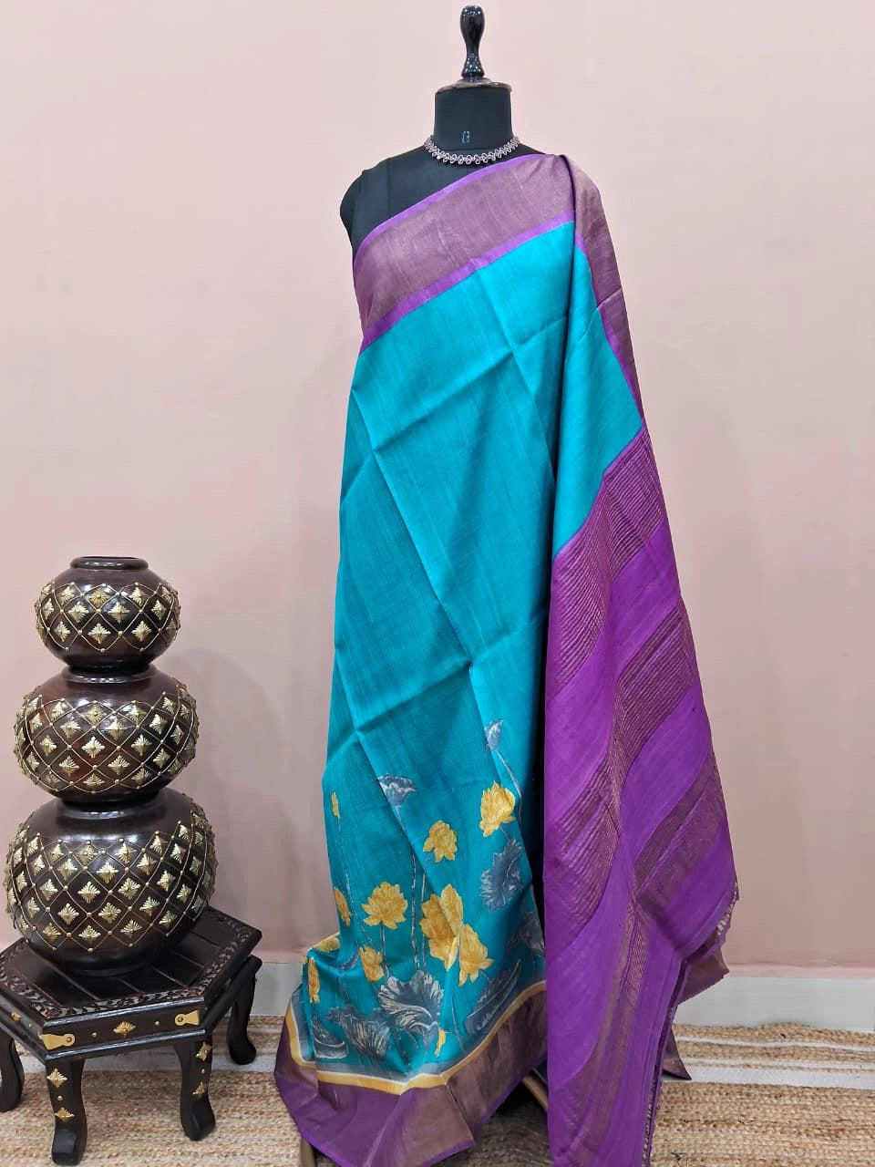 Sky Blue Plain Pure Tussar Saree 