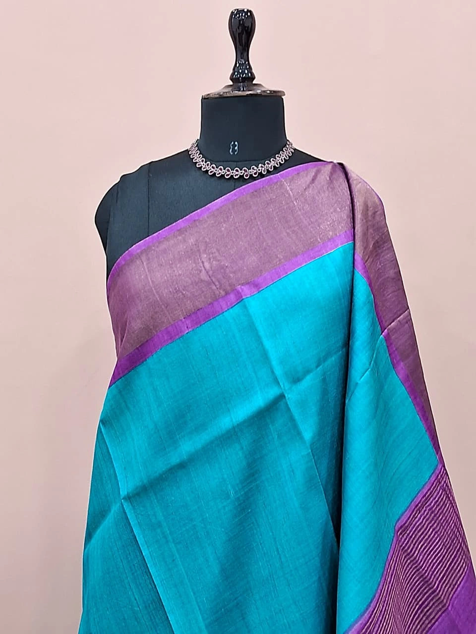 Sky Blue Plain Pure Tussar Saree 1