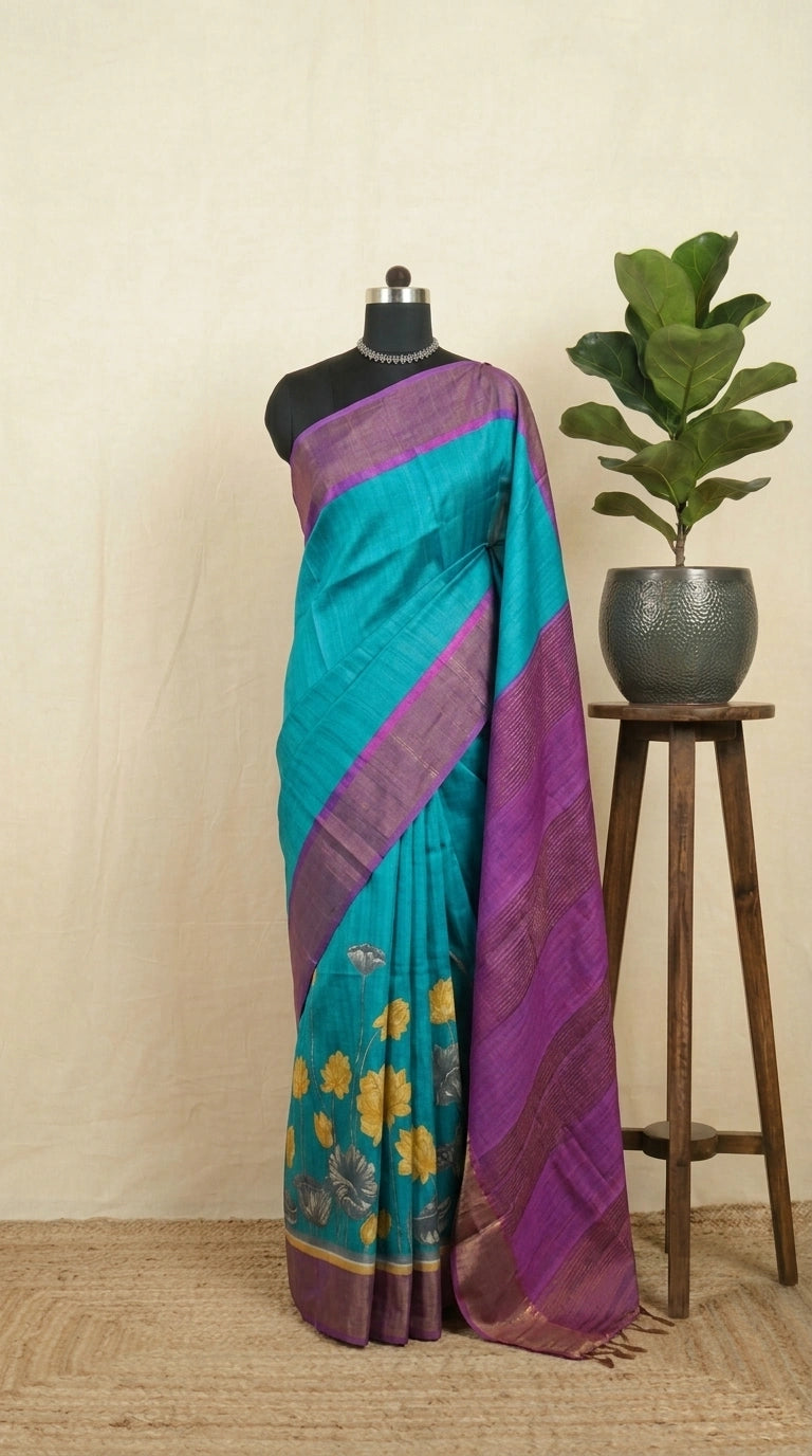 Sky Blue Plain Pure Tussar Saree