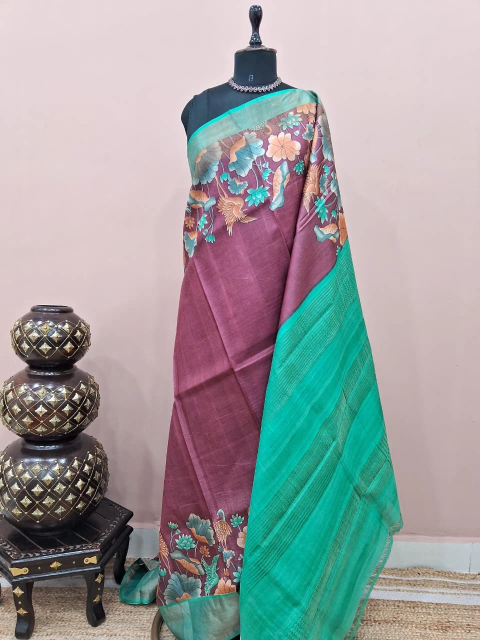 Rust Maroon Plain Pure Tussar Saree 