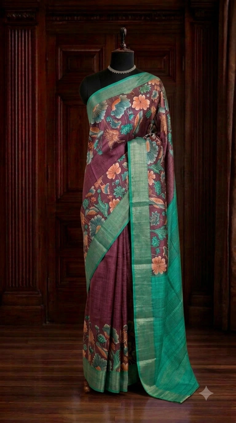 Rust Maroon Plain Pure Tussar Saree