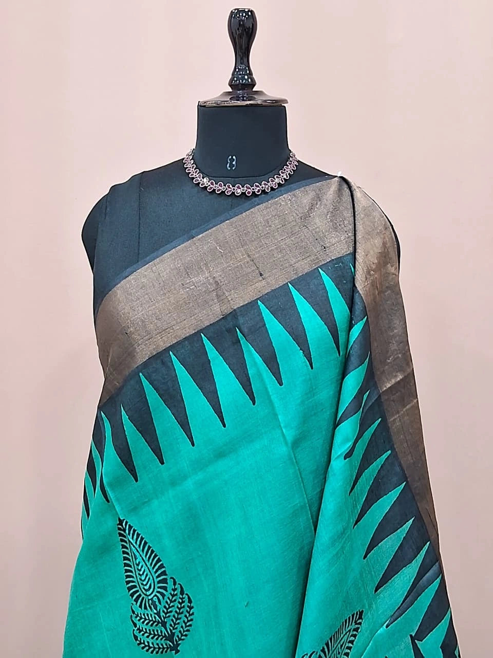 Teal Blue Pure Tussar Saree 1
