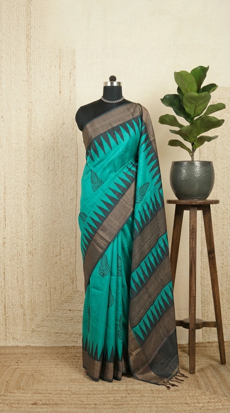 Teal Blue Pure Tussar Saree