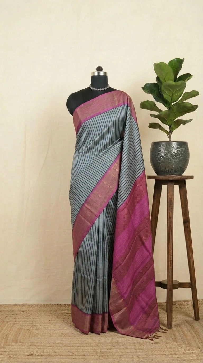 Grey Pure Tussar Saree