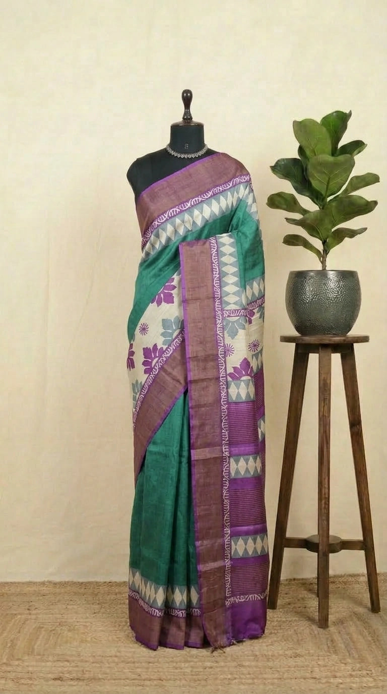 Teal Green Plain Pure Tussar Saree