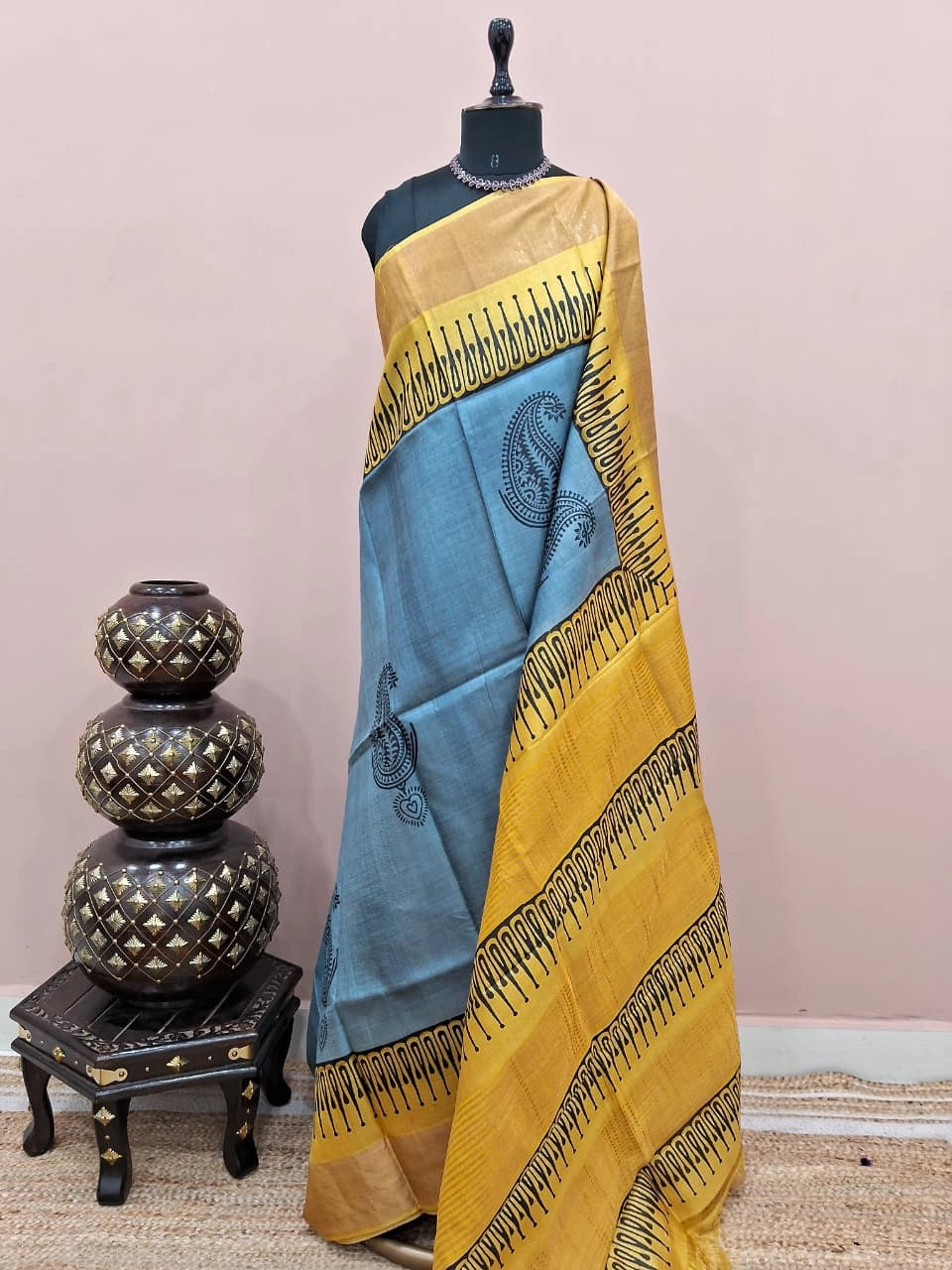 Slate Blue Pure Tussar Saree