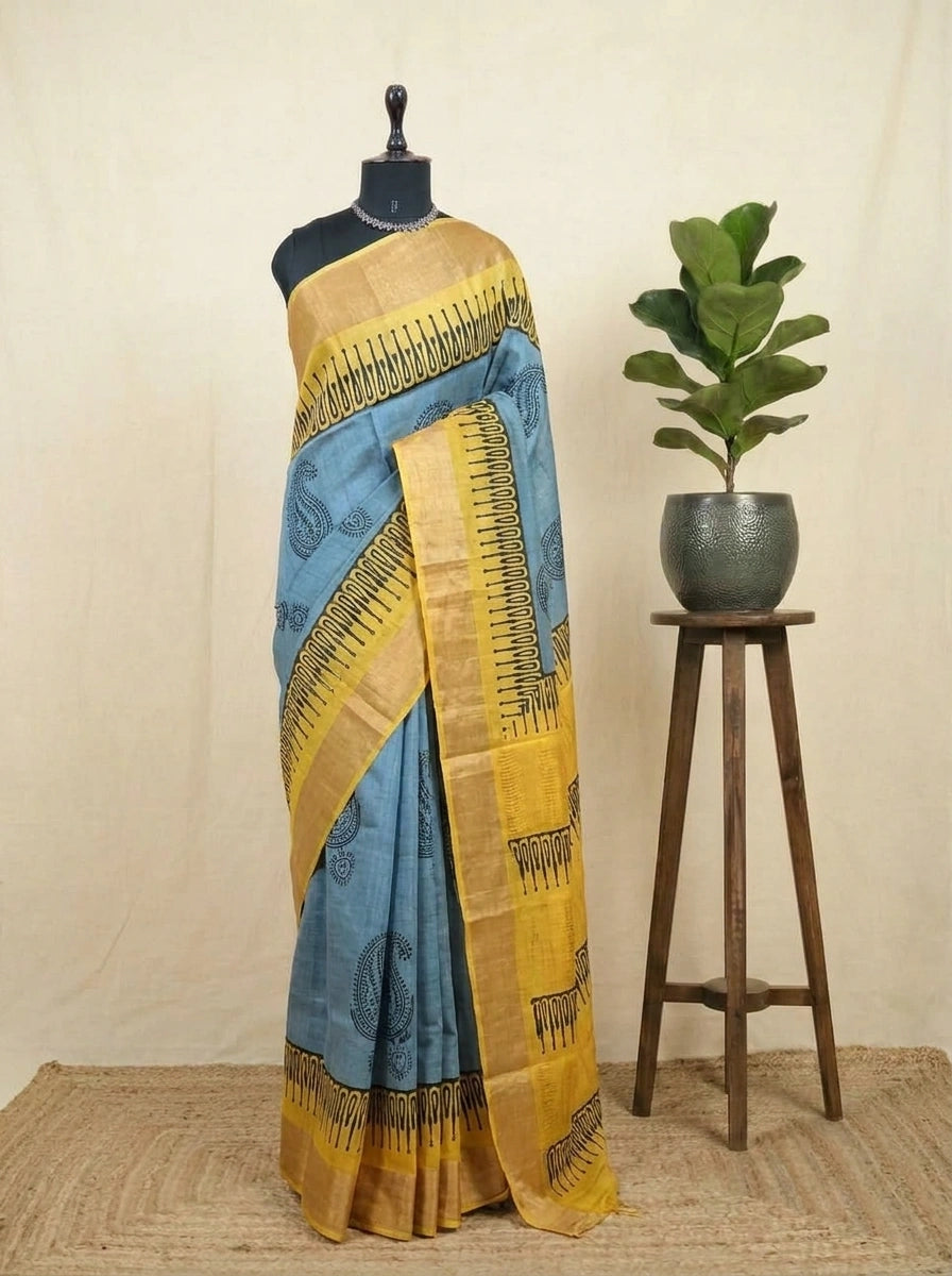 Slate Blue Pure Tussar Saree