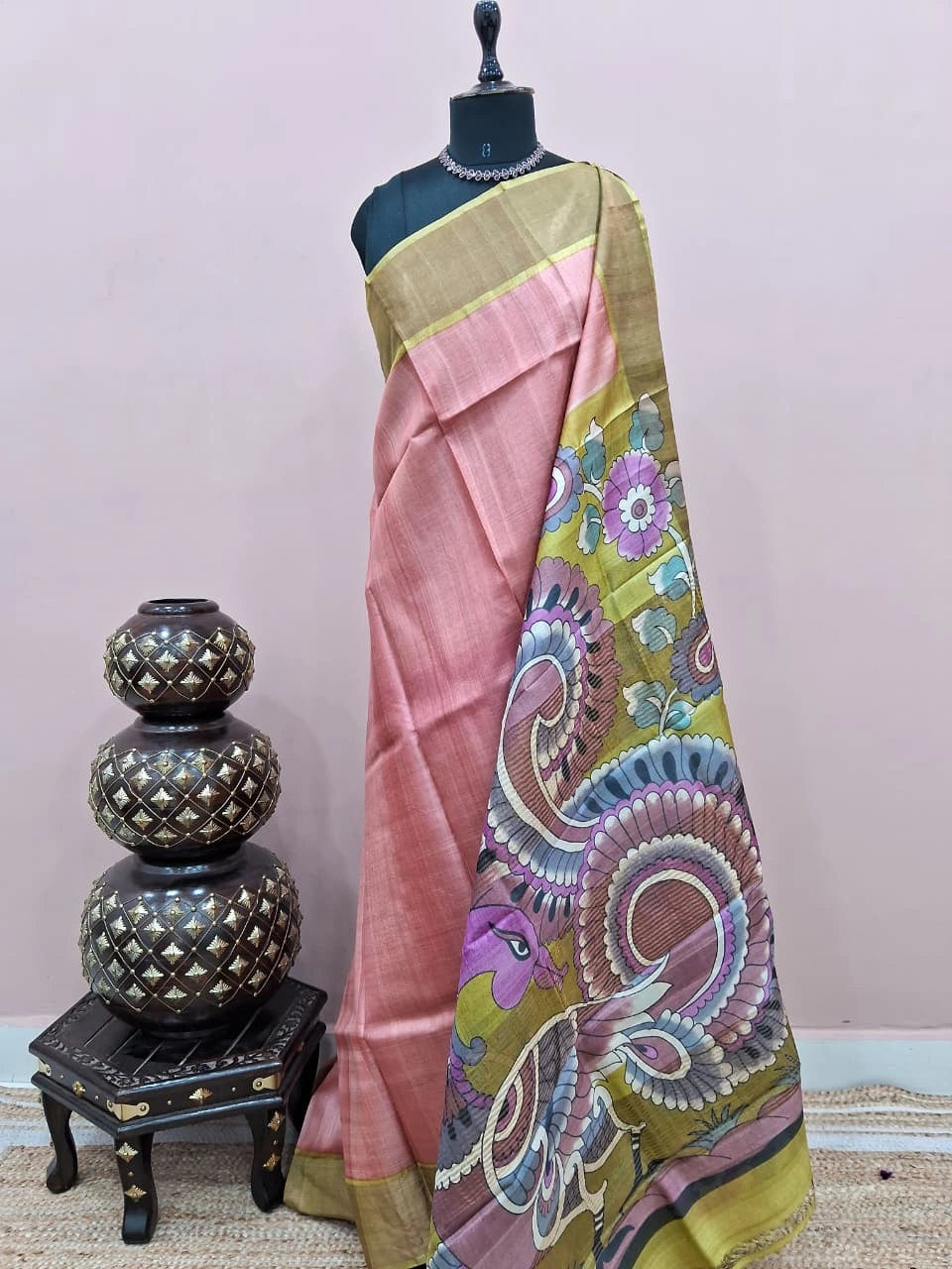 Peach Plain Pure Tussar Saree