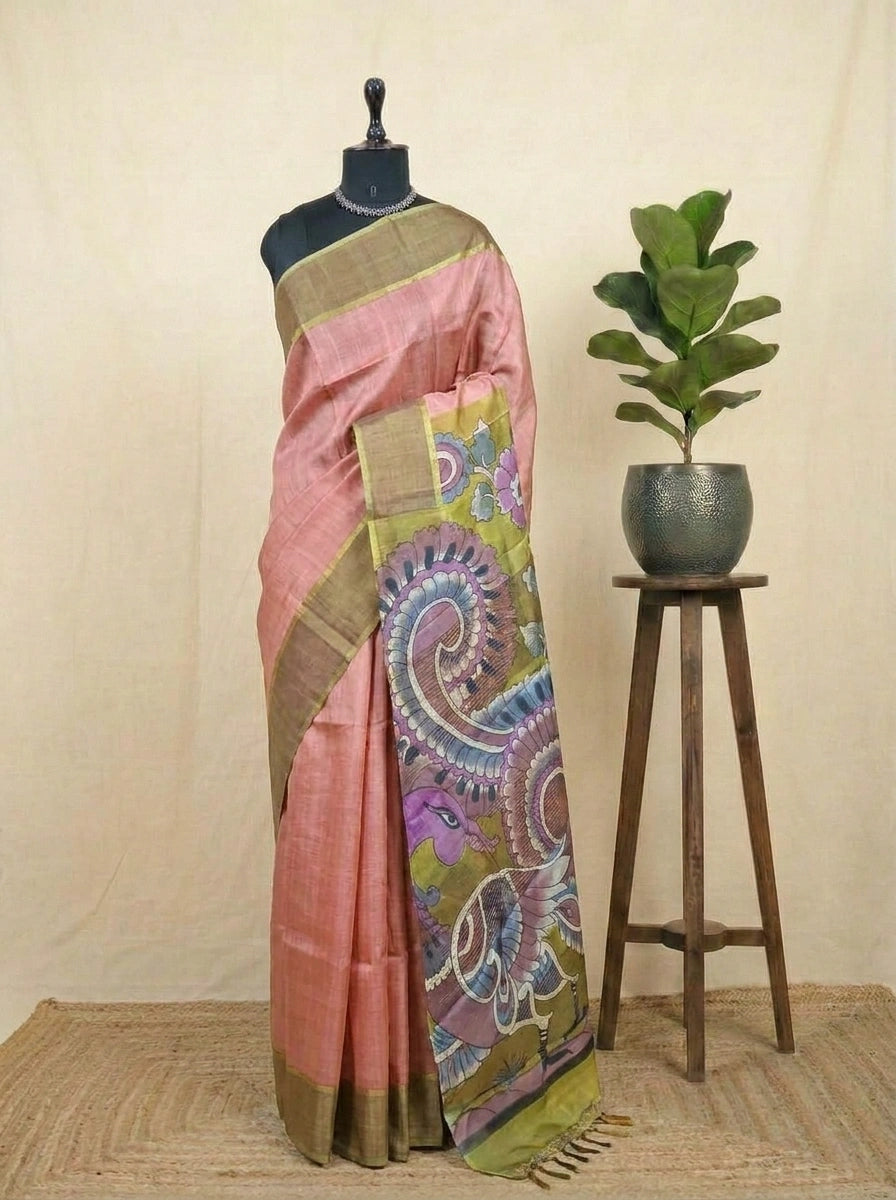 Peach Plain Pure Tussar Saree