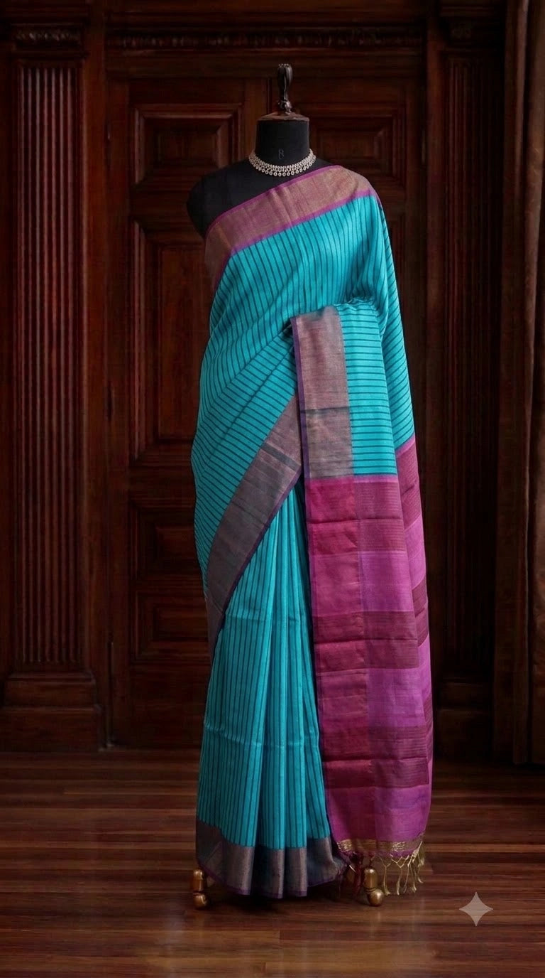 Teal Blue Pure Tussar Saree