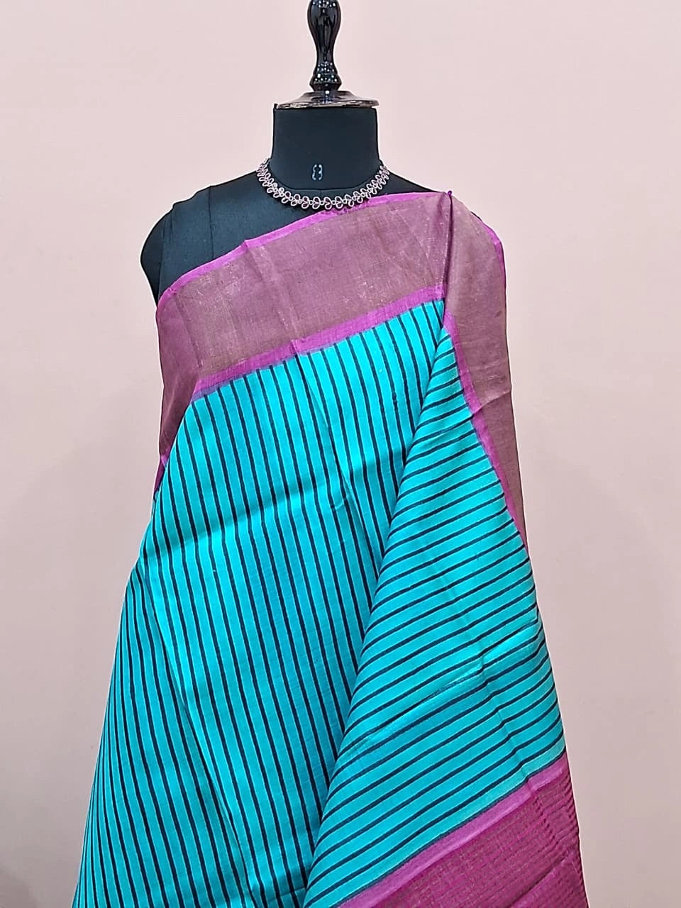 Teal Blue Pure Tussar Saree 1