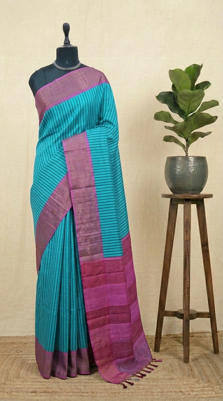 Teal Blue Pure Tussar Saree