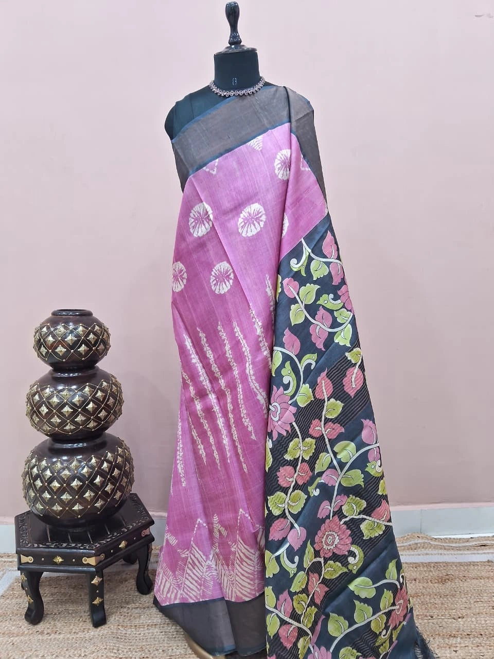 Rose Pink Pure Tussar Saree 