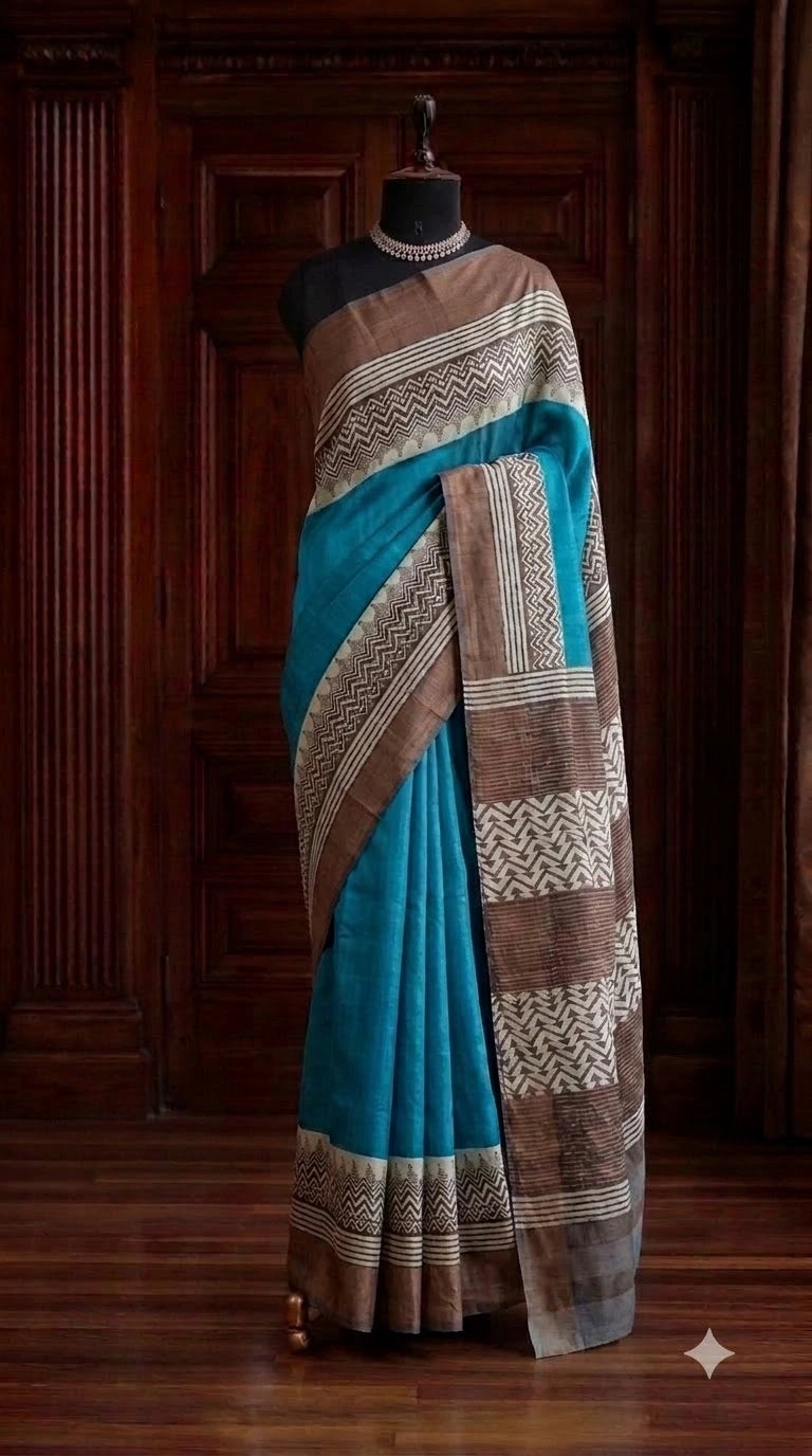 Sky Blue plain Pure Tussar Saree