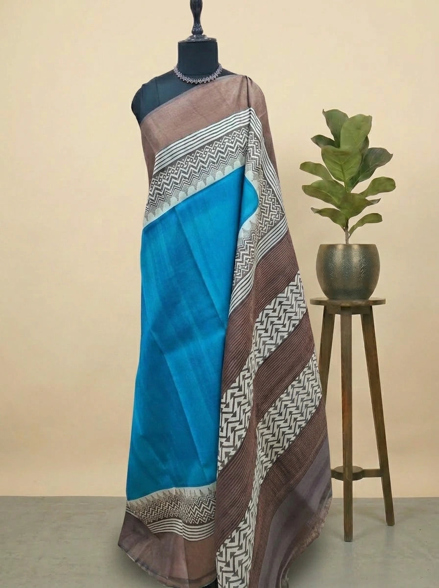 Sky Blue plain Pure Tussar Saree