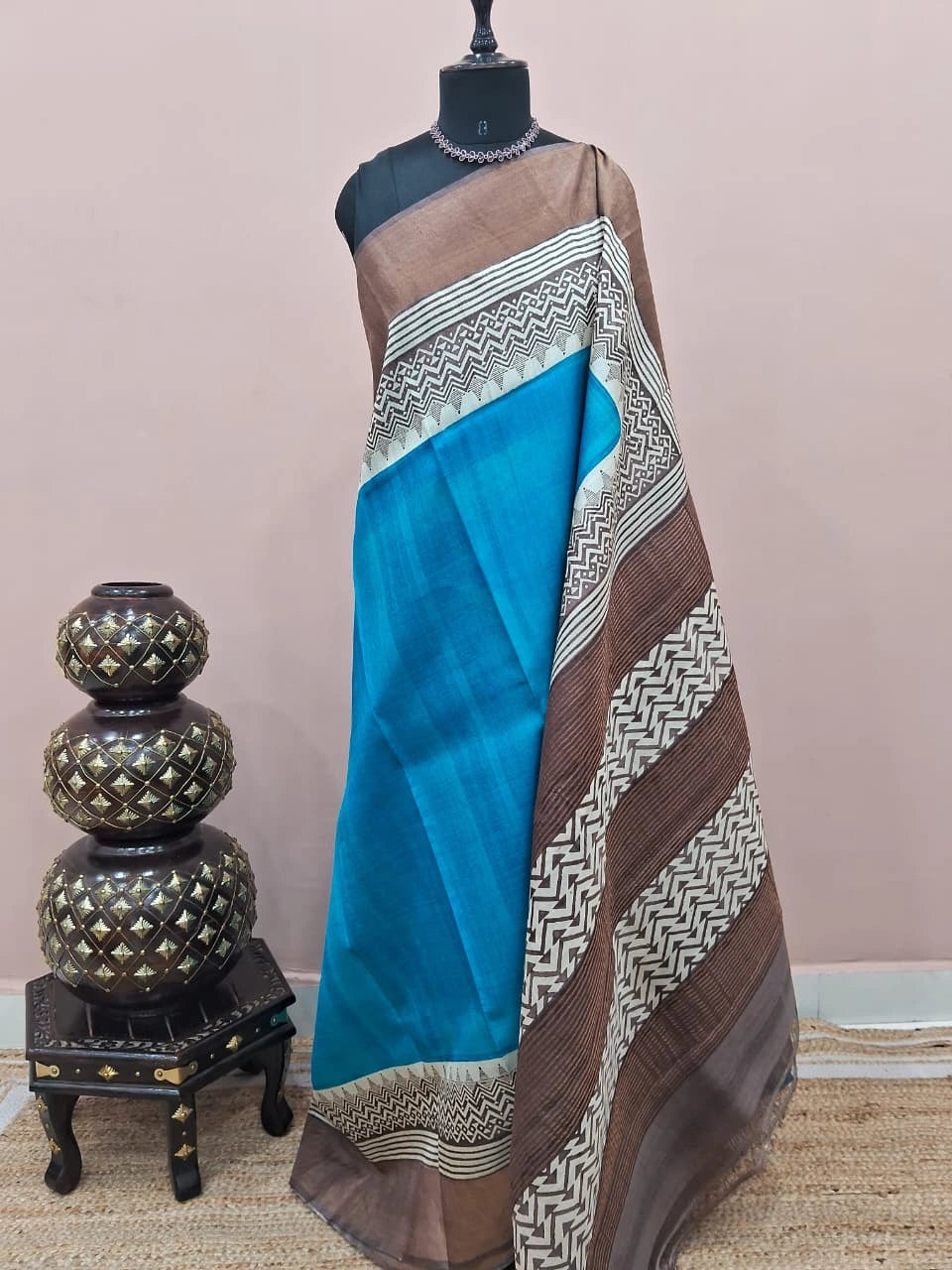 Sky Blue plain Pure Tussar Saree