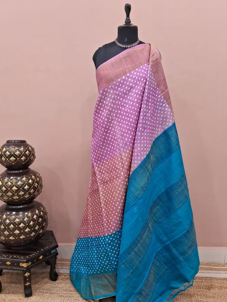 Baby Pink, Peach, and Sky Blue Pure Tussar Saree