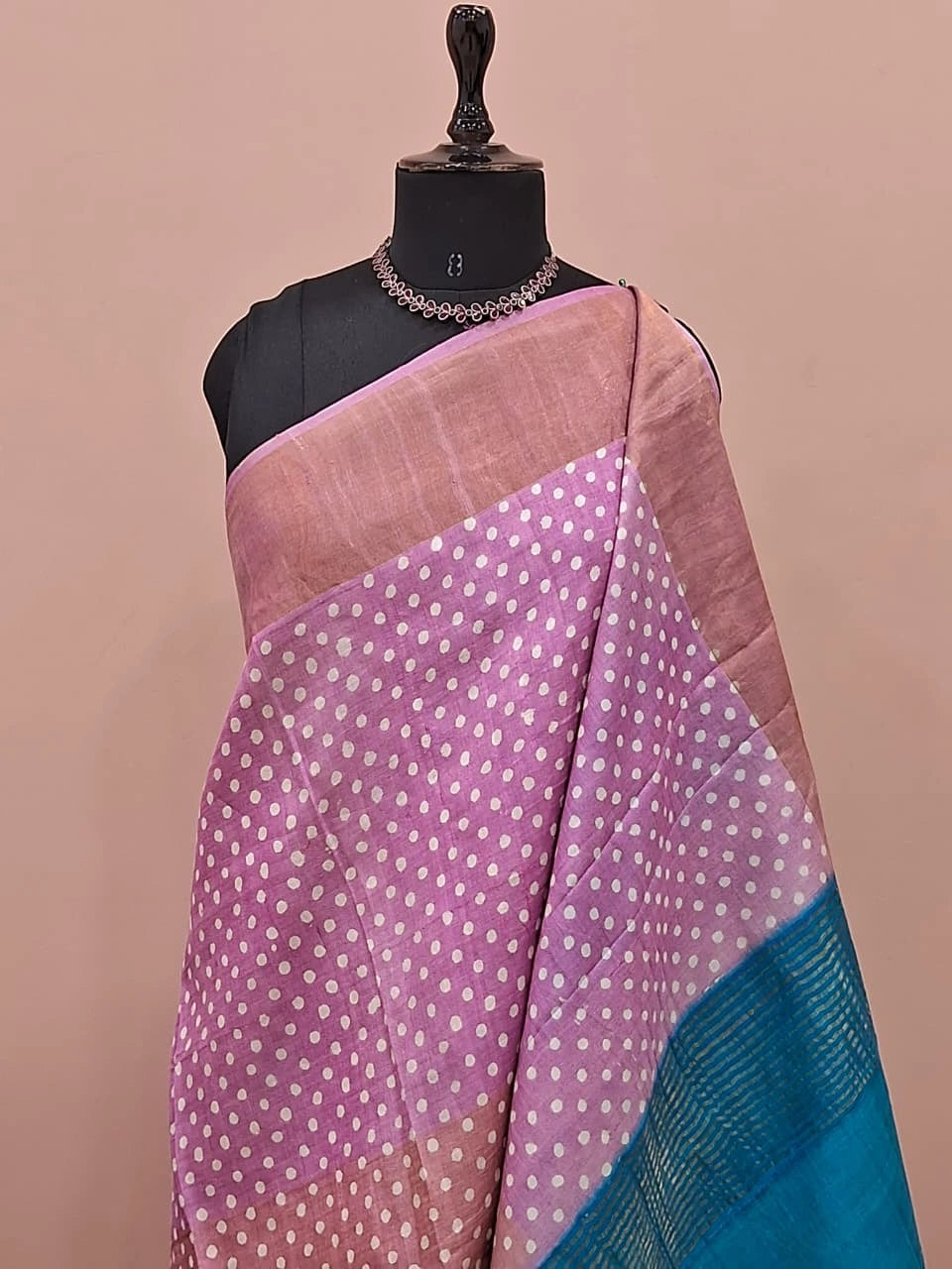 Baby Pink, Peach, and Sky Blue Pure Tussar Saree 1