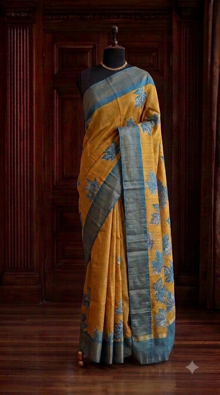 Dark Mango Yellow Pure Tussar Saree 