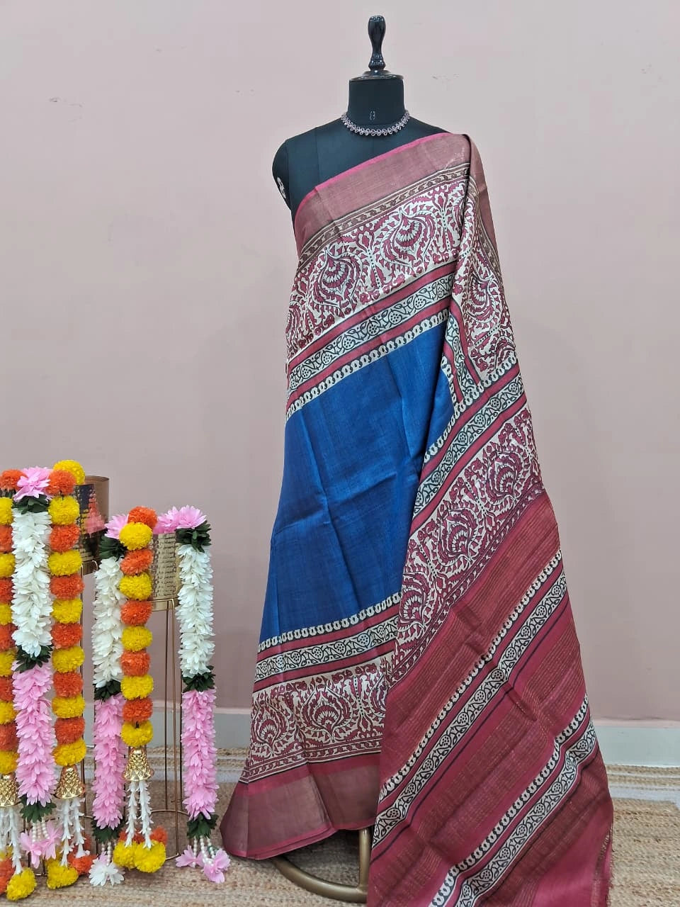 Navy Blue Plain Pure Tussar Saree