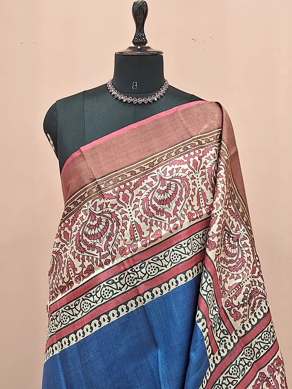 Navy Blue Plain Pure Tussar Saree 1