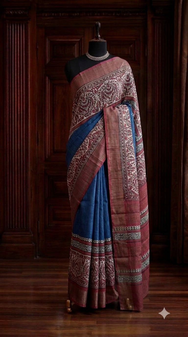 Navy Blue Plain Pure Tussar Saree
