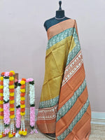 Olive Green Plain Pure Tussar Saree