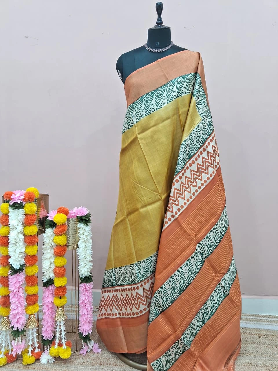 Olive Green Plain Pure Tussar Saree