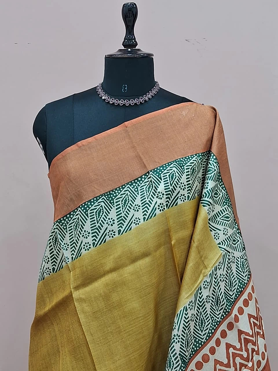 Olive Green Plain Pure Tussar Saree 1