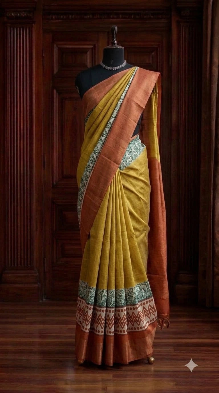 Olive Green Plain Pure Tussar Saree