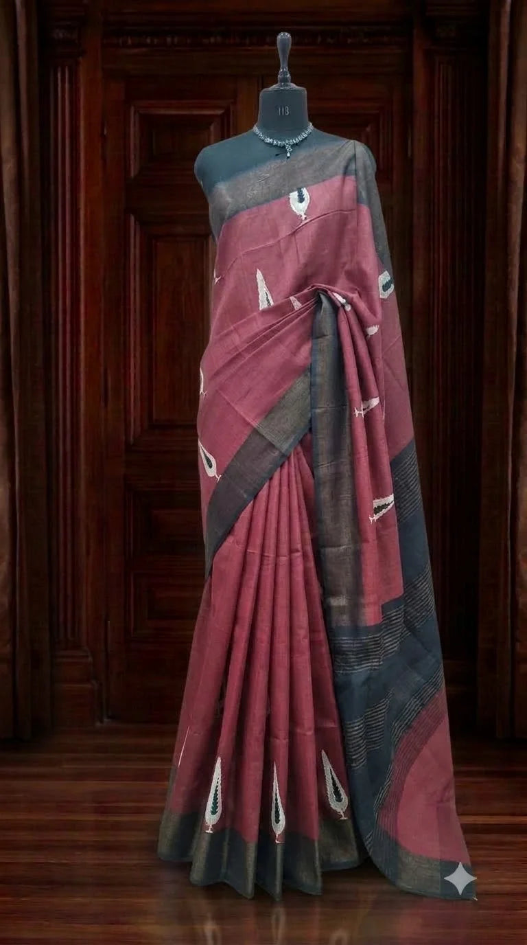 Brick Red Pure Tussar Saree