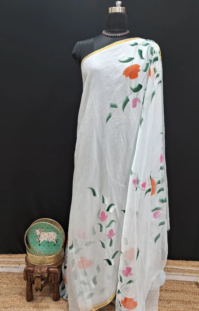 Traditional White Chiffon Saree