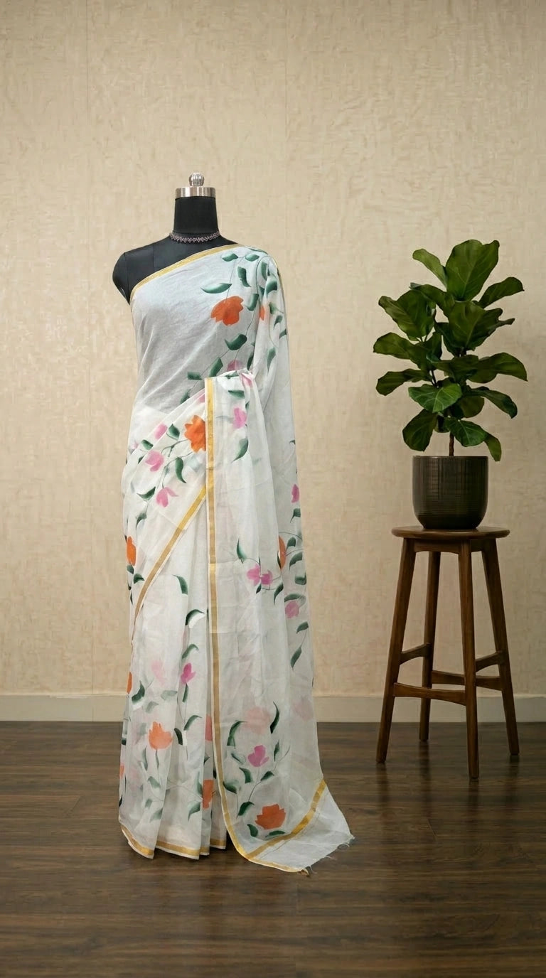 Traditional White Chiffon Saree