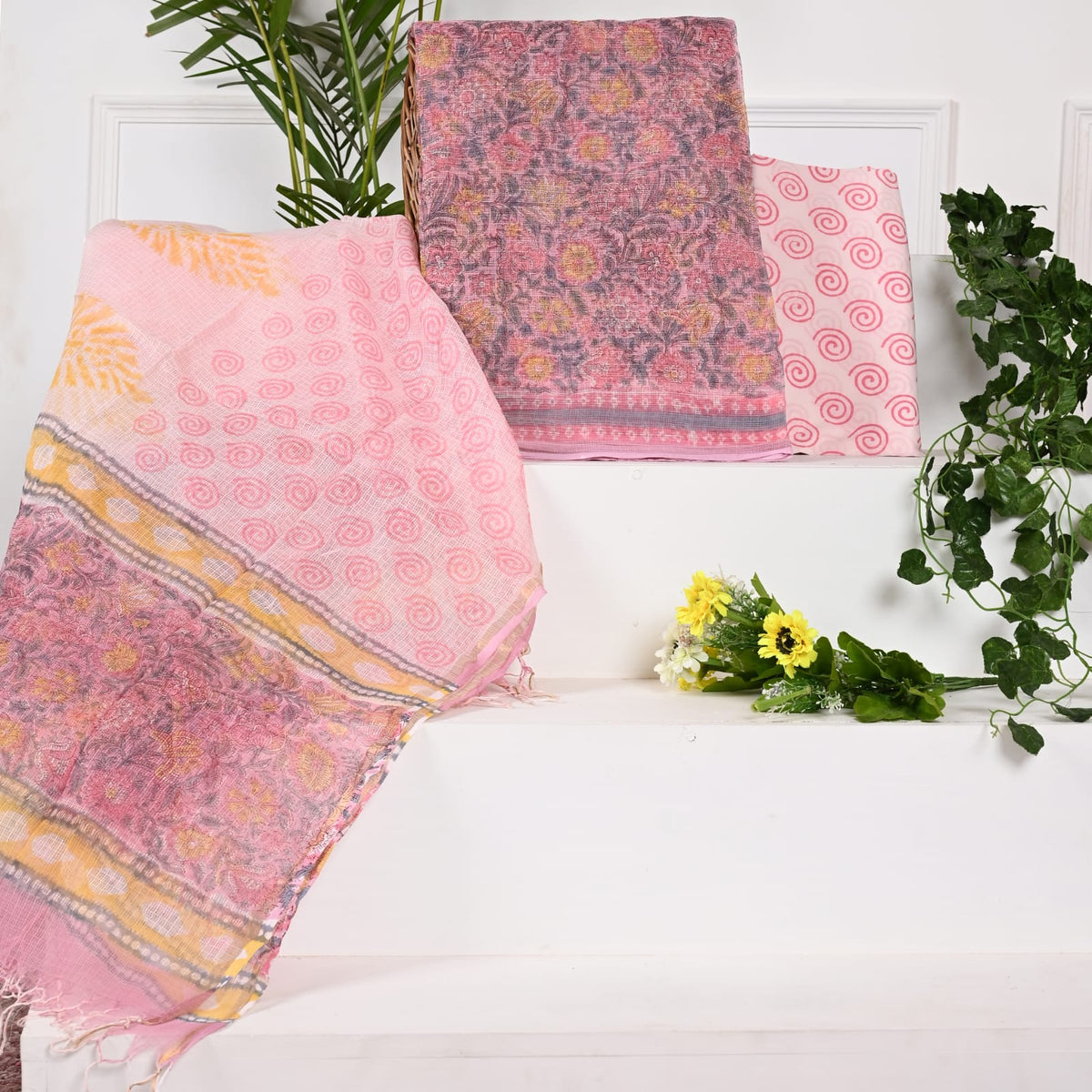 buy Baby Pink with yellow floral printed kota dress material online with price 