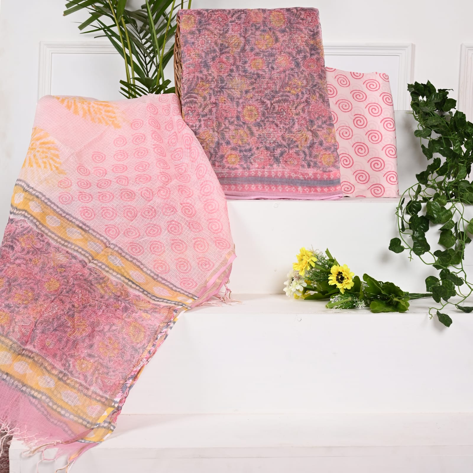 buy Baby Pink with yellow floral printed kota dress material online with price 