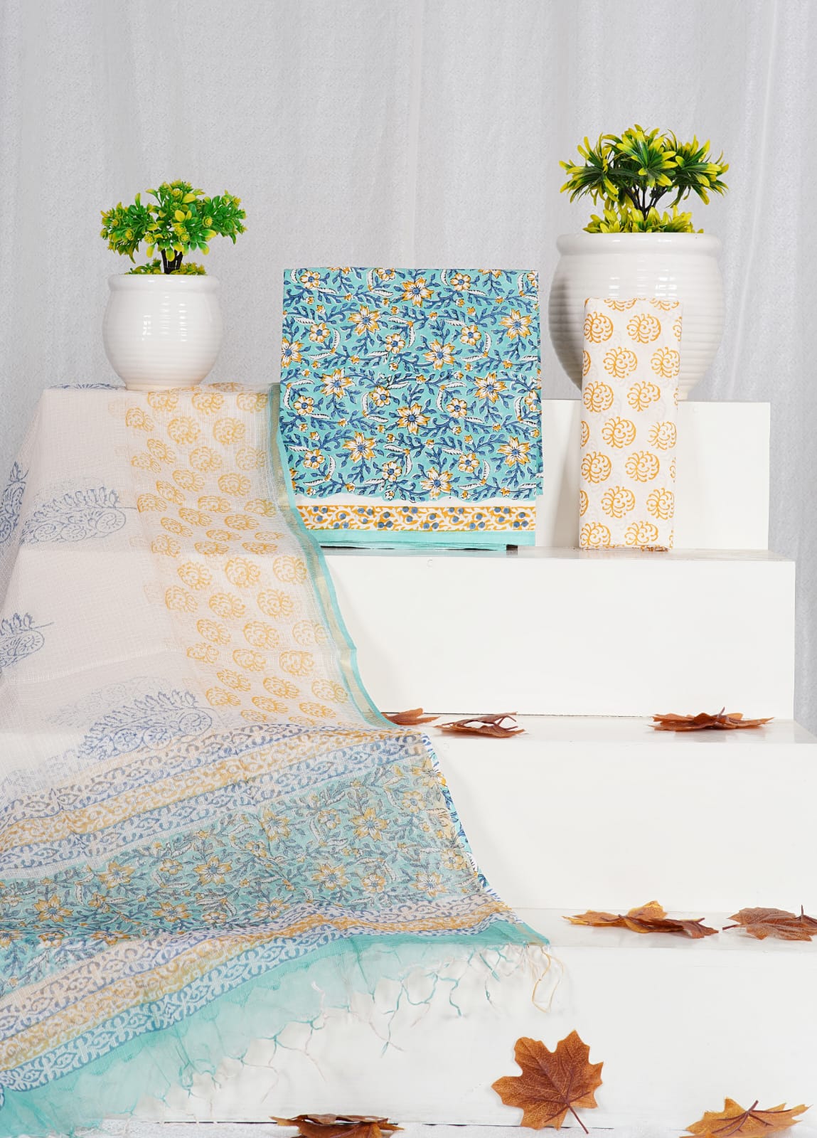 Marine Blue with Blue and Brown flower printed cotton dress material