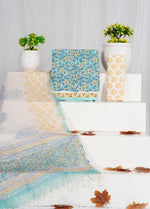 Marine Blue with Blue and Brown flower printed cotton dress material