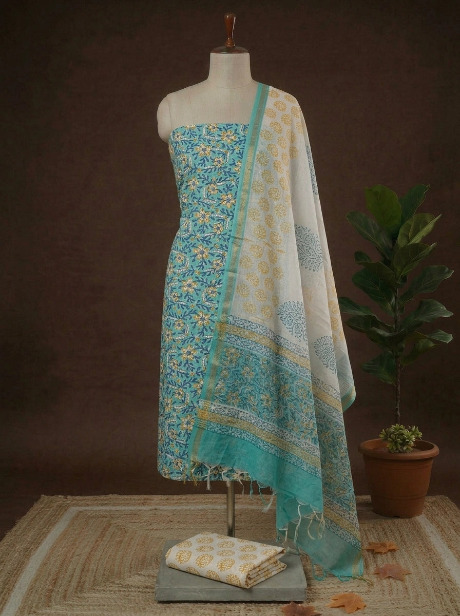 Marine Blue with Blue and Brown flower printed cotton dress material