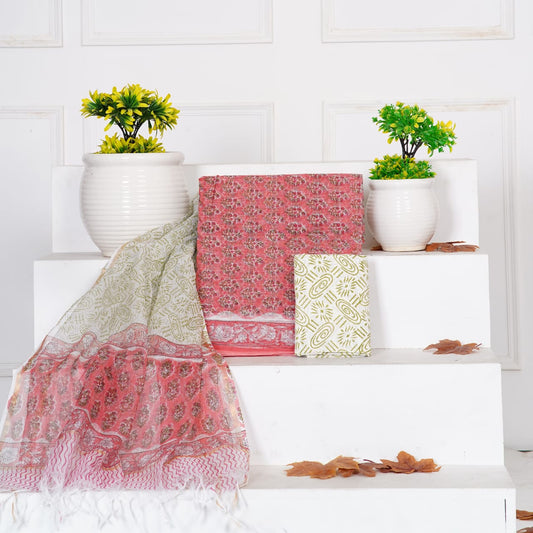 Reddish Pink with green flower printed kota top 